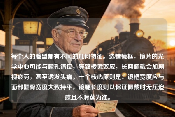 每个人的脸型都有不同的几何特征。选错镜框，镜片的光学中心可能与瞳孔错位，导致棱镜效应，长期佩戴会加剧视疲劳，甚至诱发头痛。一个核心原则是：镜框宽度应与面部颧骨宽度大致持平，镜腿长度则以保证佩戴时无压迫感且不滑落为准。
