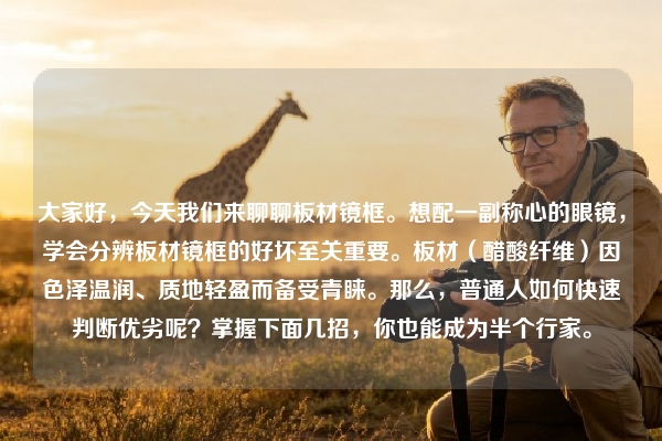 大家好，今天我们来聊聊板材镜框。想配一副称心的眼镜，学会分辨板材镜框的好坏至关重要。板材（醋酸纤维）因色泽温润、质地轻盈而备受青睐。那么，普通人如何快速判断优劣呢？掌握下面几招，你也能成为半个行家。