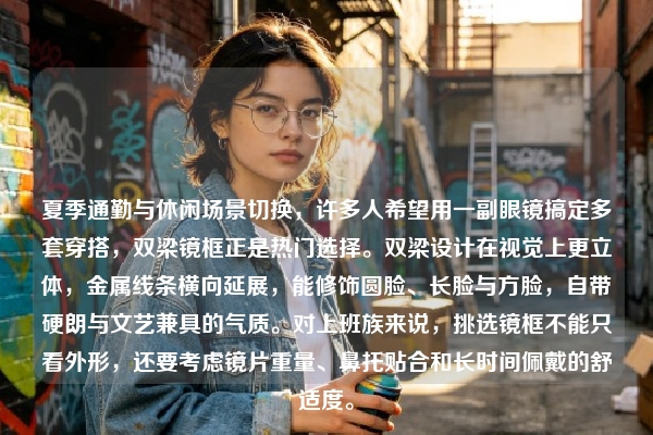 夏季通勤与休闲场景切换，许多人希望用一副眼镜搞定多套穿搭，双梁镜框正是热门选择。双梁设计在视觉上更立体，金属线条横向延展，能修饰圆脸、长脸与方脸，自带硬朗与文艺兼具的气质。对上班族来说，挑选镜框不能只看外形，还要考虑镜片重量、鼻托贴合和长时间佩戴的舒适度。