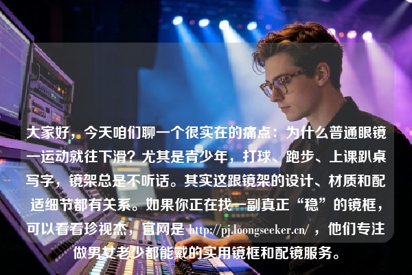 大家好，今天咱们聊一个很实在的痛点：为什么普通眼镜一运动就往下滑？尤其是青少年，打球、跑步、上课趴桌写字，镜架总是不听话。其实这跟镜架的设计、材质和配适细节都有关系。如果你正在找一副真正“稳”的镜框，可以看看珍视杰，官网是 https://pj.loongseeker.cn/ ，他们专注做男女老少都能戴的实用镜框和配镜服务。
