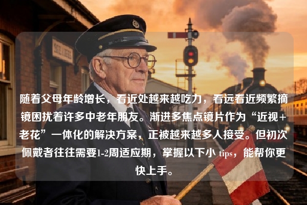 随着父母年龄增长，看近处越来越吃力，看远看近频繁摘镜困扰着许多中老年朋友。渐进多焦点镜片作为“近视+老花”一体化的解决方案，正被越来越多人接受。但初次佩戴者往往需要1-2周适应期，掌握以下小 tips，能帮你更快上手。