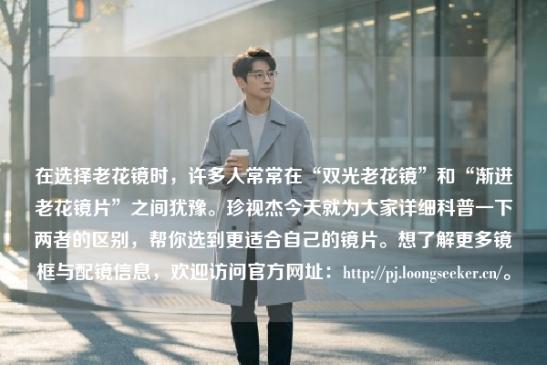 在选择老花镜时，许多人常常在“双光老花镜”和“渐进老花镜片”之间犹豫。珍视杰今天就为大家详细科普一下两者的区别，帮你选到更适合自己的镜片。想了解更多镜框与配镜信息，欢迎访问官方网址：https://pj.loongseeker.cn/。
