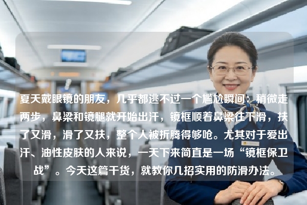 夏天戴眼镜的朋友，几乎都逃不过一个尴尬瞬间：稍微走两步，鼻梁和镜腿就开始出汗，镜框顺着鼻梁往下滑，扶了又滑，滑了又扶，整个人被折腾得够呛。尤其对于爱出汗、油性皮肤的人来说，一天下来简直是一场“镜框保卫战”。今天这篇干货，就教你几招实用的防滑办法。
